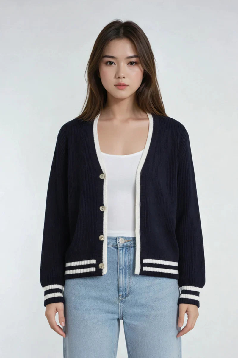 Oversized Contrast-Trim Ribbed Cardigan