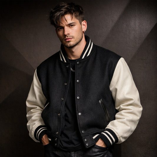 Apex Deals Luxury Leather-Sleeve Heavyweight Varsity Jacket
