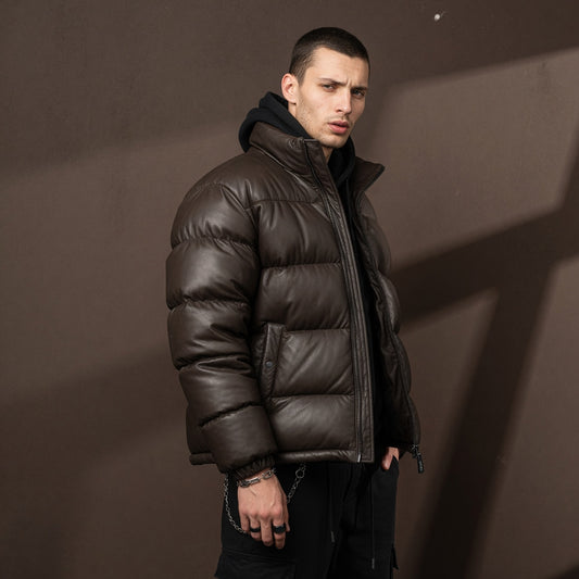 Apex Deals Luxury Hooded Tech-Leather Down Puffer Jacket