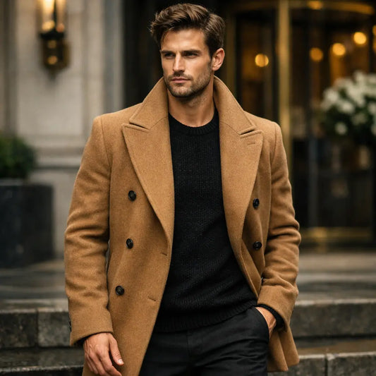 Apex Deals Premium Double-Breasted Wool-Cashmere Peacoat