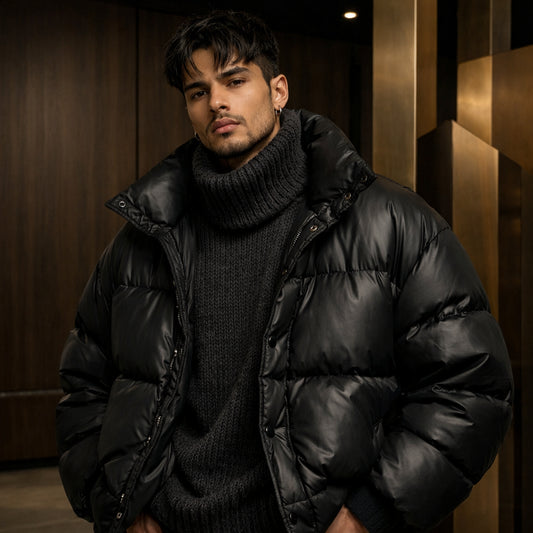 Apex Deals Luxury Hooded Tech-Leather Down Puffer Jacket