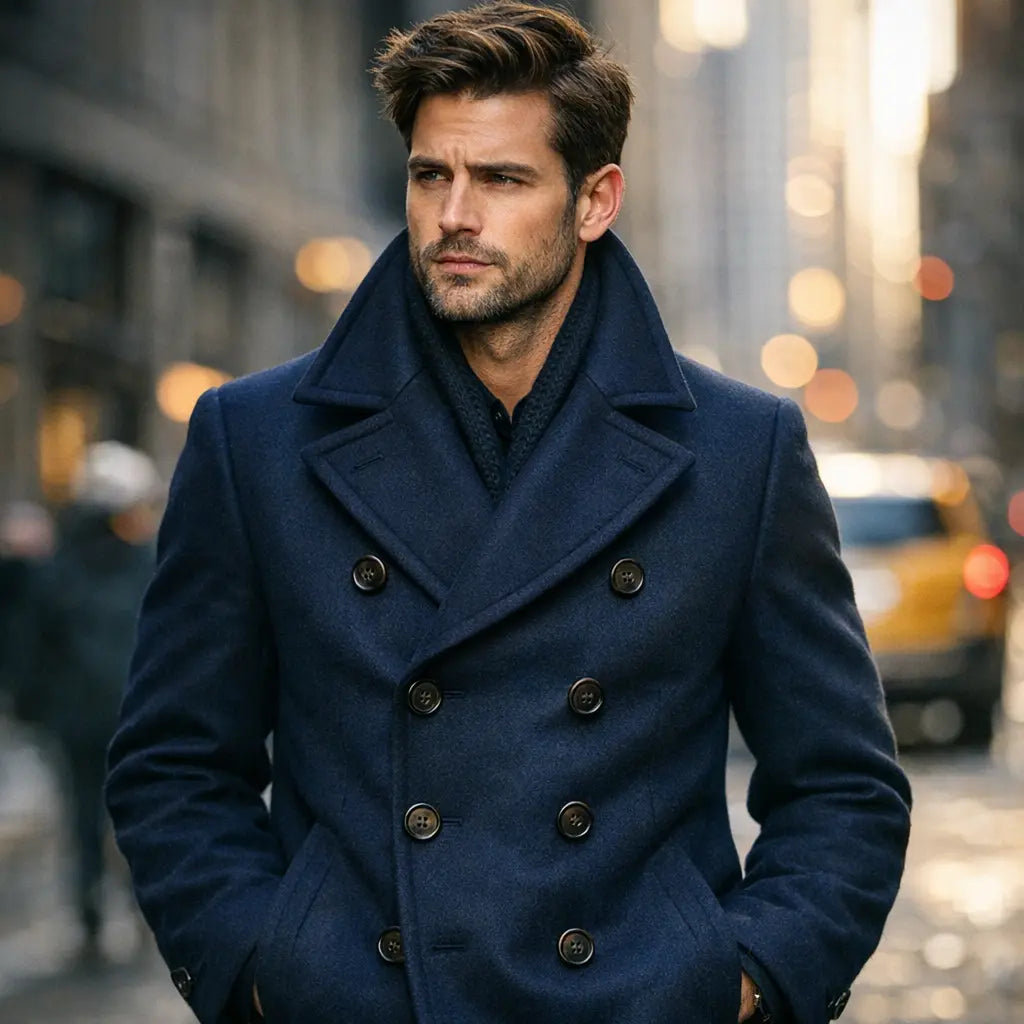Apex Deals Premium Double-Breasted Wool-Cashmere Peacoat